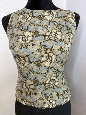 Charter Club 100% Silk Botanical Blouse 4P Sage Green sleeveless lined Top